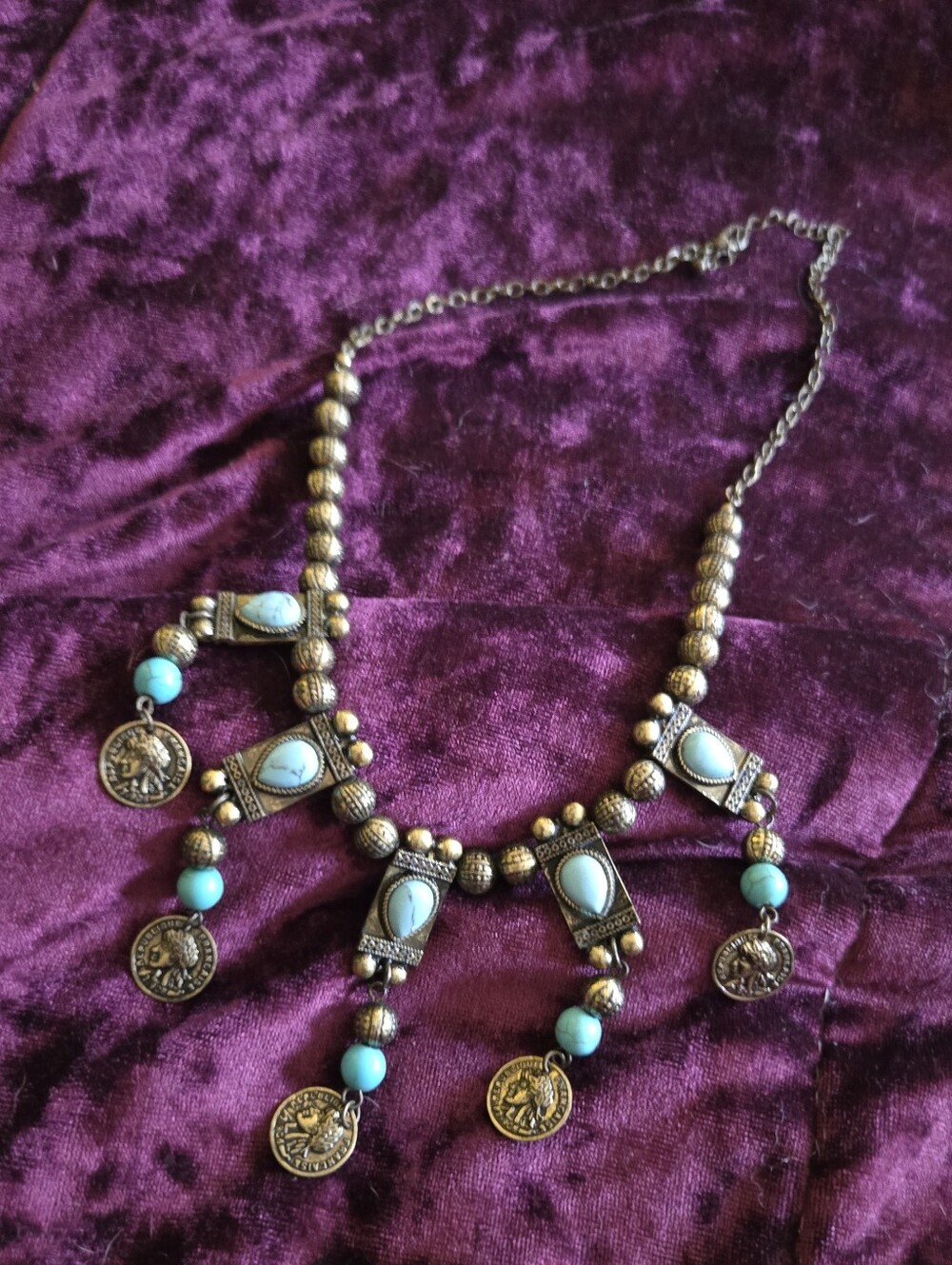 Statement Coin Dangle Faux Turquoise Eclectic Necklace